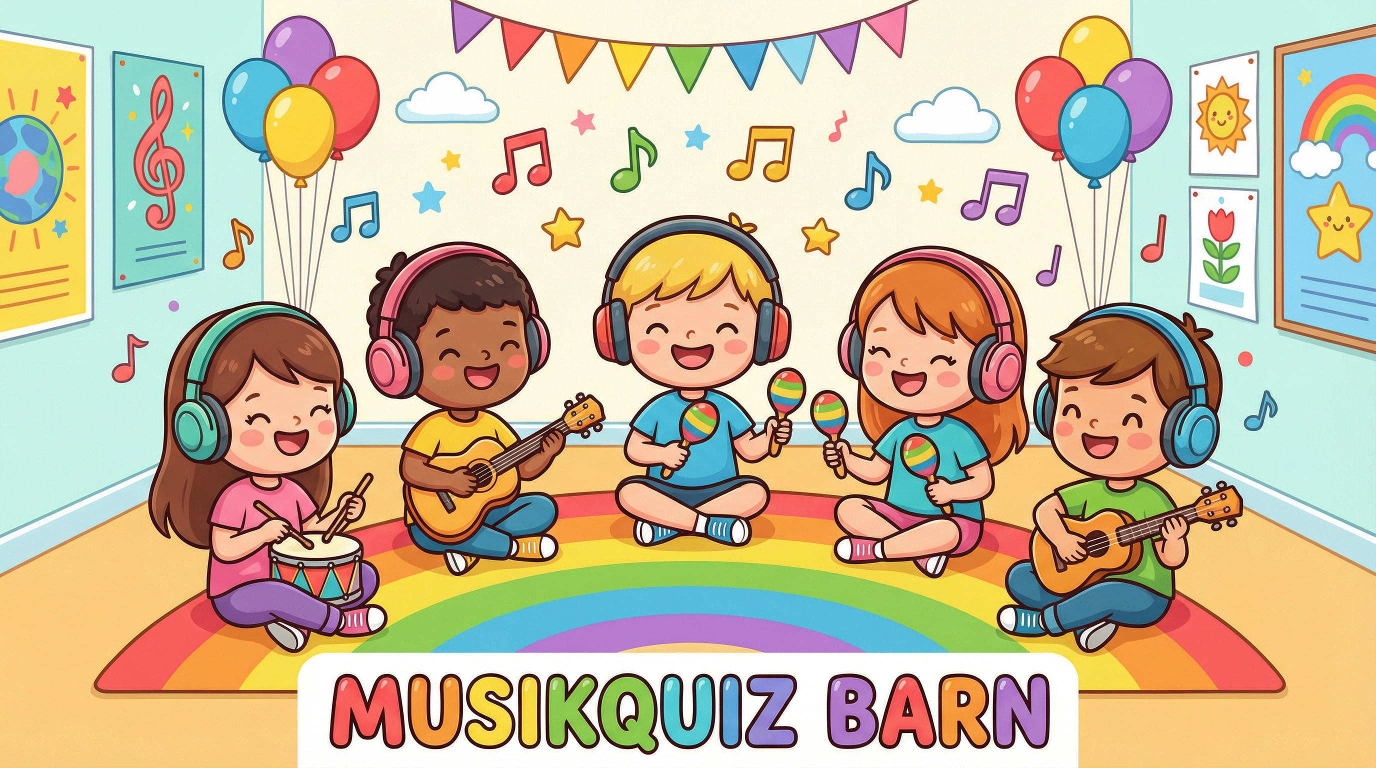 Fem barn med hörlurar spelar trumma, ukulele och maracas i ett rum med ballonger och musiknoter.