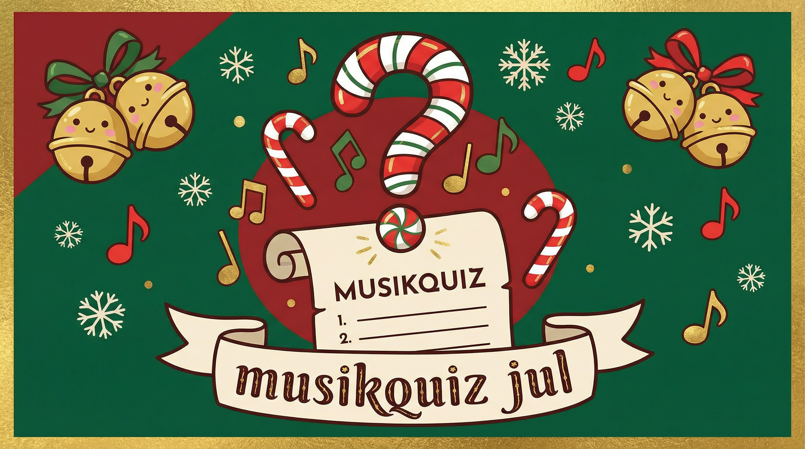Illustration med jultema: lapp med texten "MUSIKQUIZ", polkagrisformat frågetecken, noter, snöflingor och julklockor för omgång 1.