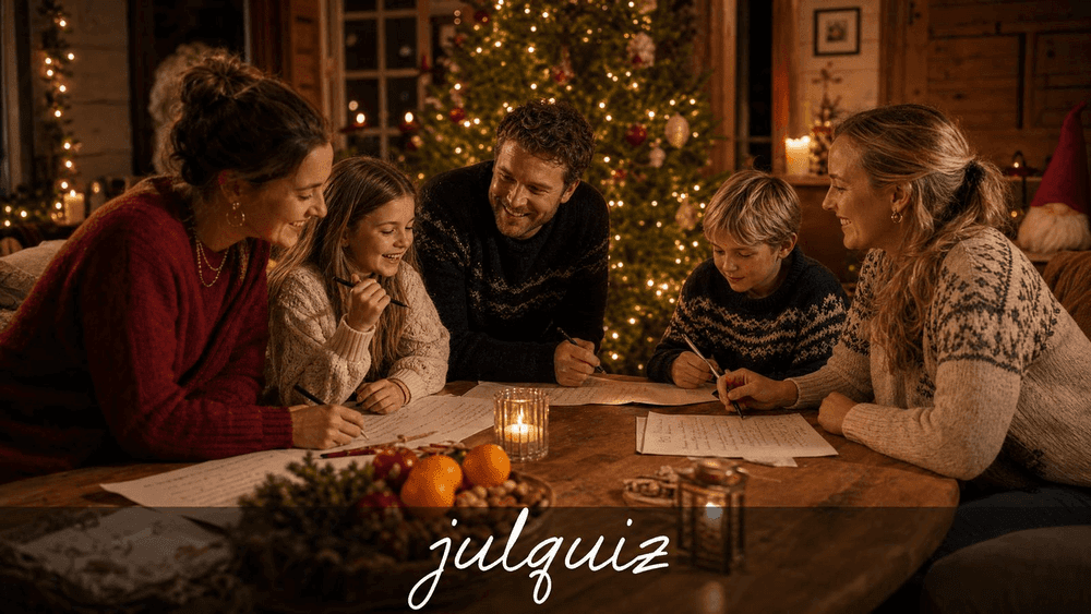 Fem personer skriver svar på julquiz vid ett bord i ett varmt rum med pyntad julgran i bakgrunden
